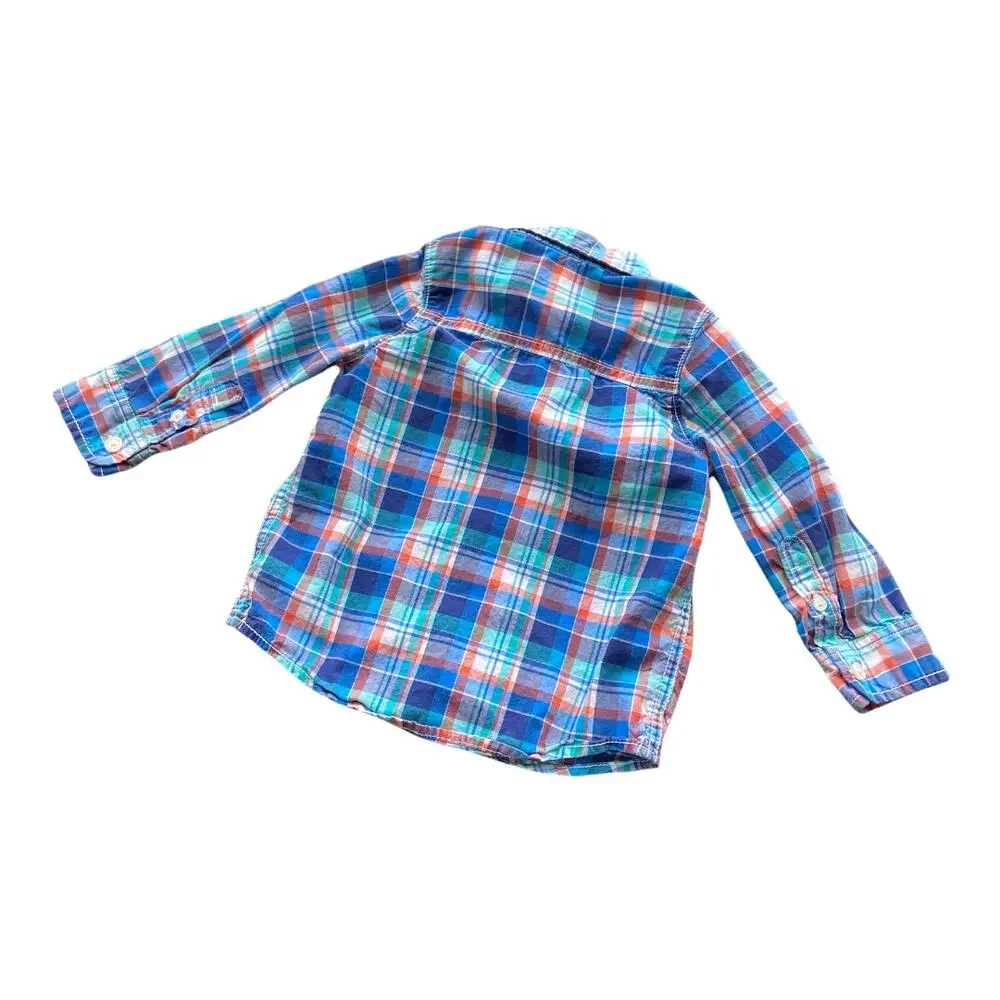 OshKosh Orange Blue Aqua Plaid Dress Shirt 2T‎ Long Sleeve Spring Easter Fall
